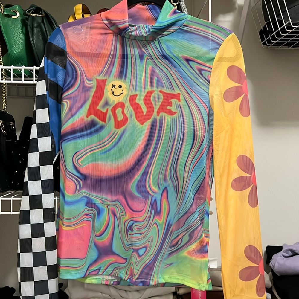 Mock Neck Letter & Cartoon & Striped Pattern Colorblock Top